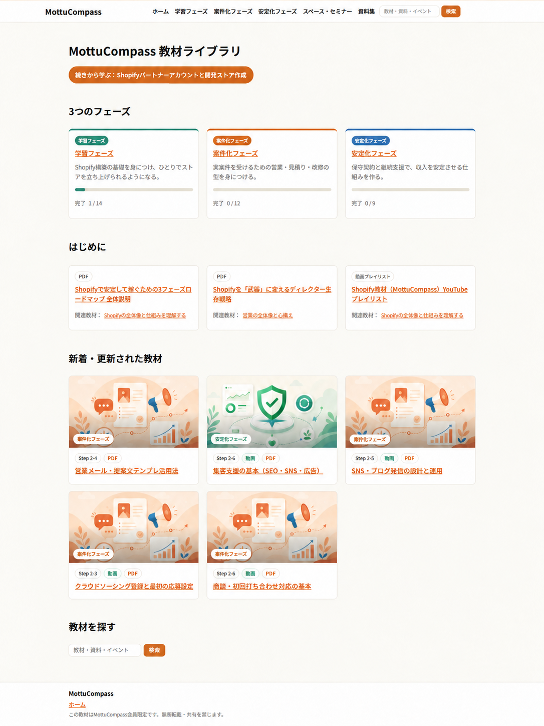 Mottu Compass会員限定教材サイト。学習・案件化・安定化の3フェーズで学べる教材ライブラリ